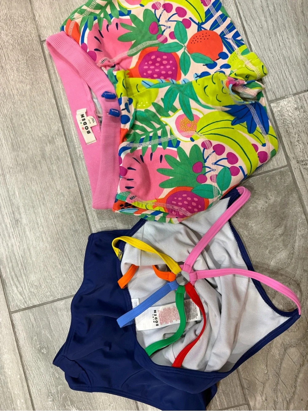 Mini Boden Navy One-Piece Swimsuit Rainbow Back straps and matching fruit shorts